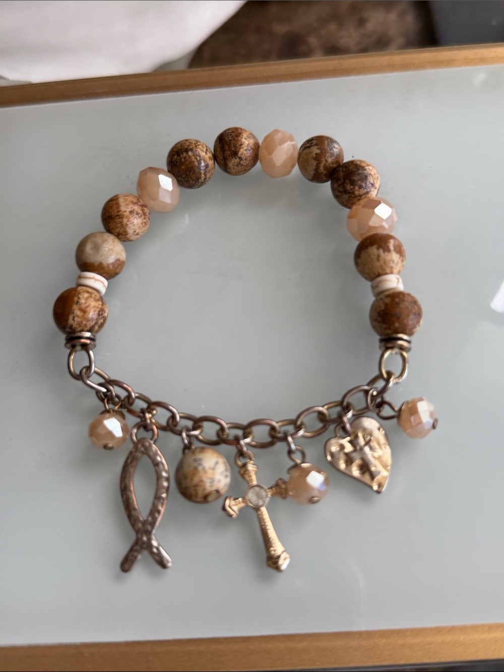 STRECH bracelet crystal with jasper and chain religious charms crosses hearts